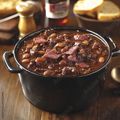 Hearty Homemade Chili Con Carne with Beef and Beans in a Rustic Cast Iron Pot