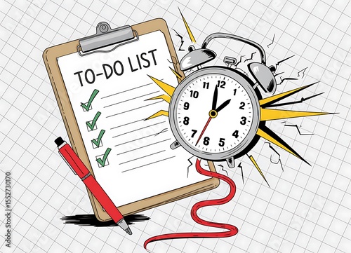 Creative illustration of a to do list with a ticking alarm clock and red pen