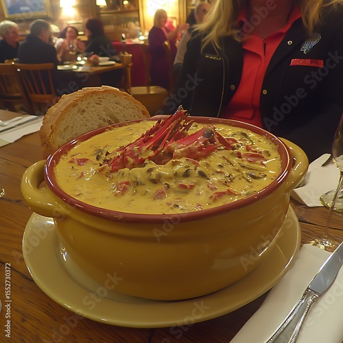 Lobster bisque in a rustic yellow bowl at a dimly lit restaurant setting