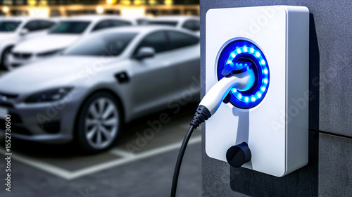 Electric Car Charging at Station in Modern Urban Parking Facility

