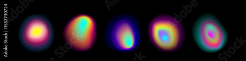 Vibrant gradient aura shapes collection - soft blurred colorful orbs with rainbow glow effects on black background for modern design, energy visualization or holographic artwork with light patterns.