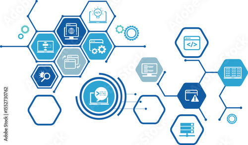 programming or software engineering vector illustration. Blue concept related to html coding, beta testing an application, software design and development process, implementation and verification.