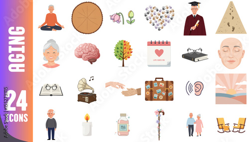 Aging icons set including symbols of growth, wisdom, and care  