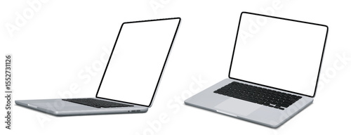 Modern laptop pc mockup set with blank white screens and silver bodies - two different angle views showing black keyboards for digital presentation, website design showcase and technology branding.