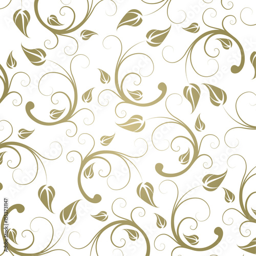 Elegant Seamless Floral Pattern with Golden Vines on Transparent Background