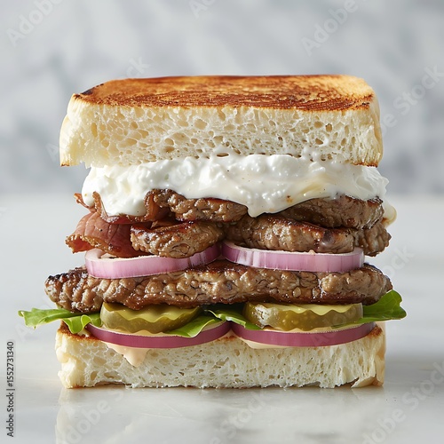 Stacked Grilled Cheese Burger with Creamy Sauce and Fresh Toppings on White Background