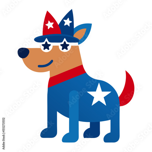 Patriotic dog wearing stars and stripes hat and glasses