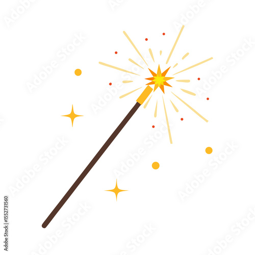 Sparkling sparkler with festive dots and stars on white background