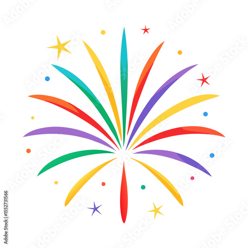 Vibrant burst of colorful fireworks and stars on a white background