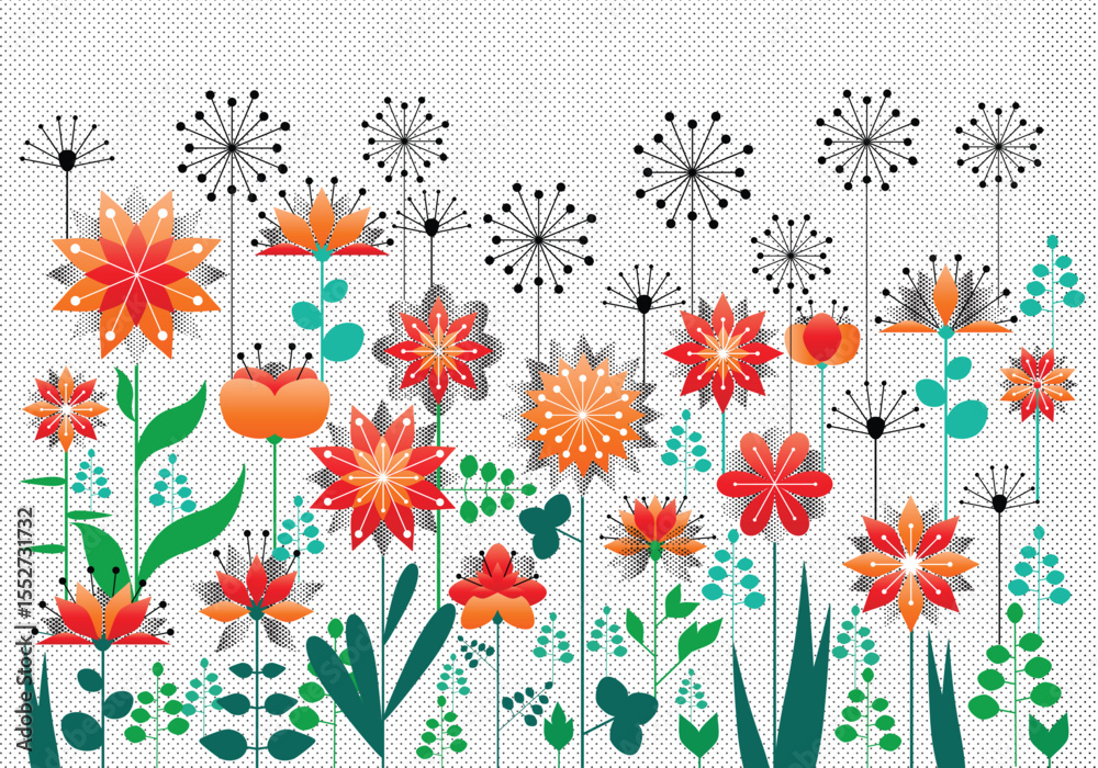 abstract floral background, colour vector symmetrical folk flowers isolated on grainy polka dots paper background, spring, summer, easter template ideal for card, banner, poster, wallpaper, cover