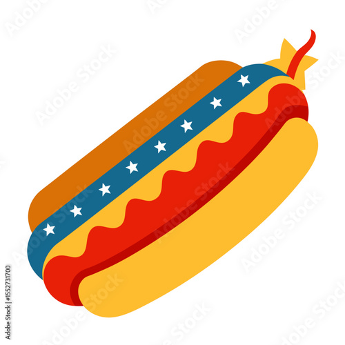 Patriotic hot dog with american flag inspired toppings and bun