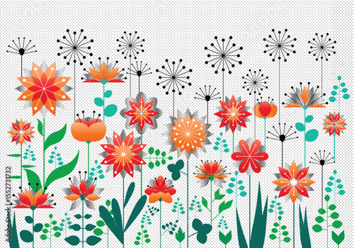 abstract floral background, colour vector symmetrical folk flowers isolated on grainy polka dots paper background, spring, summer, easter template ideal for card, banner, poster, wallpaper, cover