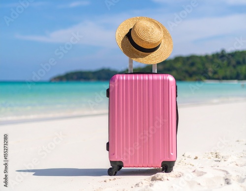 해변 위 핑크 캐리어와 밀짚모자 Pink Suitcase and Straw Hat on Beach
