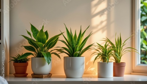artistic composition of indoor plants glowing softly: peace lily, aloe vera, and spider plant filtering out pollutants in a serene home setting.