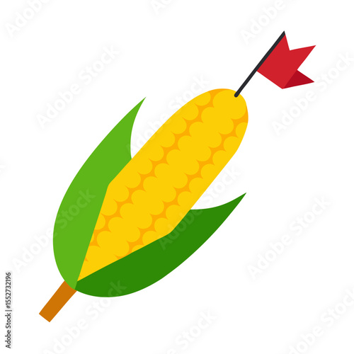 Bright yellow corn cob with green leaves and a red flag