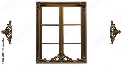 Elegant vintage window frame with ornate details and decorative corner brackets