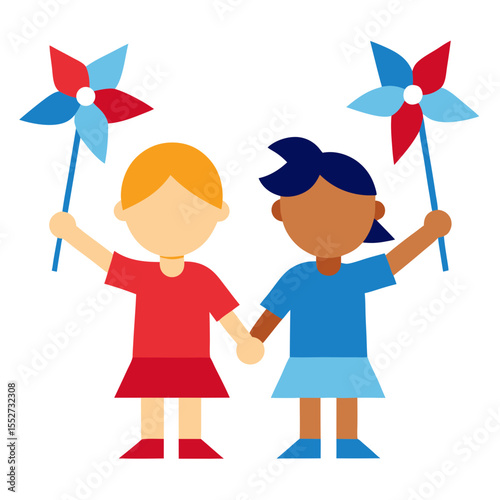 Two diverse children holding hands and pinwheels celebrate together