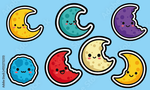 Cute Kawaii Moon Faces with Bites and Colors, A whimsical collection of seven cartoonish crescent and full moon icons, each with adorable facial expressions