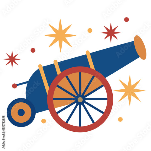 Festive cannon with starbursts and confetti celebration