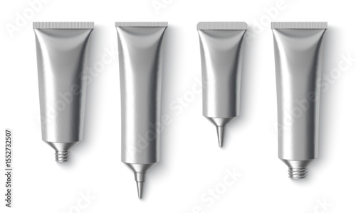 Metal cream tubes collection - silver aluminum containers with screw threads, pointed nozzles and ribbed tops for cosmetic packaging. Empty squeezable metallic vessels isolated on white background.