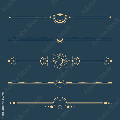 Golden celestial dividers with moon, stars and sun symbols on dark blue background for tarot mystical design. Decorative horizontal lines with crescent shapes, radiant solar bursts and astral elements