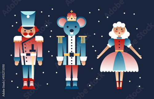 Festive nutcracker collection with soldier, mouse king and ballerina on snowy dark background - colorful Christmas characters in traditional uniforms, crown and tutu. Holiday fairy tale figures toys