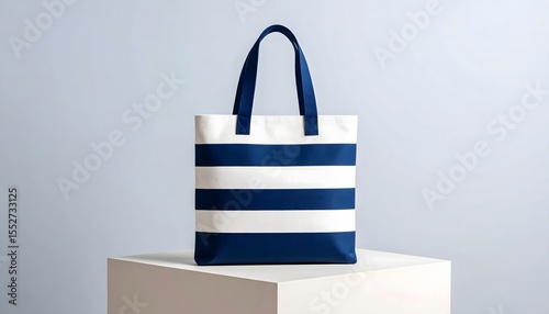 A modern striped tote bag displayed on a minimalist pedestal. The bag features a clean design with a stylish pattern. A tote bag placed on a podium in studio setting with neutral background.