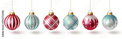 Christmas tree bauble set in 3d glass style with decorative patterns - striped, plaid, geometric and dotted ornaments hanging on golden strings, colorful holiday decorations for festive designs.