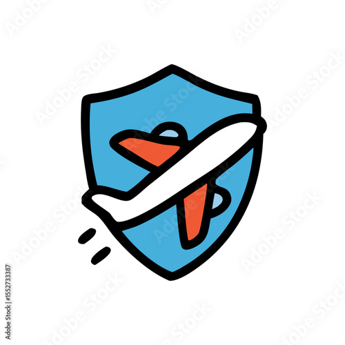 Airplane flight protection, secure travel, safety shield icon.