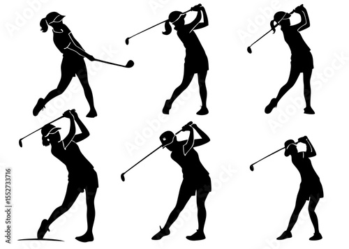 Silhouette Collection of Female Golfers Swinging Clubs with Various Poses Against White Background