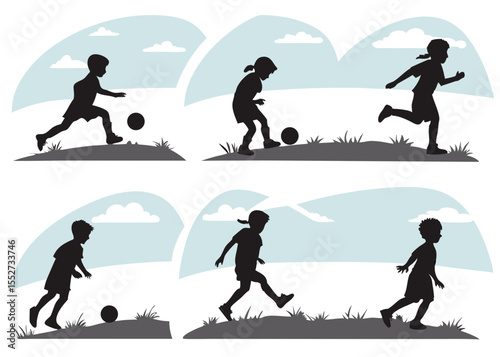 Silhouette Illustration of Children Playing Soccer in a Park on a Sunny Day