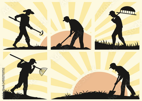 Silhouette Farmers Working at Sunrise with Various Tools in Agricultural Fields