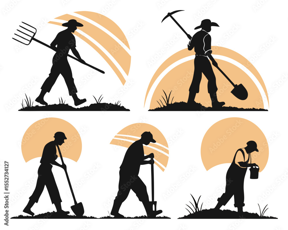 Obraz premium Silhouette Illustration of Farmers Working in a Field