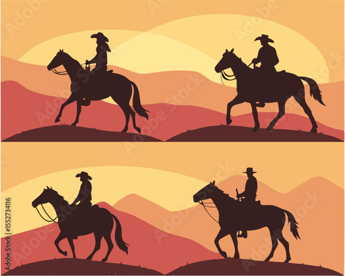 Silhouette of Cowboys Riding Horses at Sunset