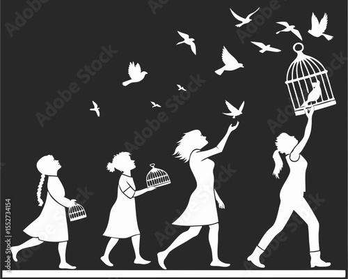 Children and Adults Freeing Birds from Cages
