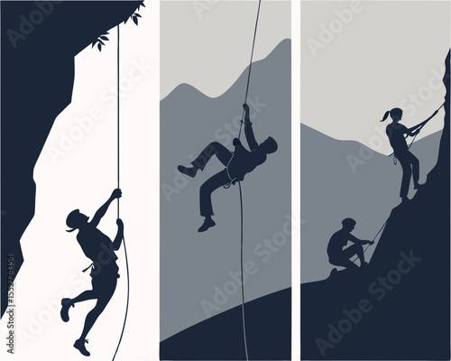 Silhouette Illustration of Rock Climbers Rappelling and Climbing