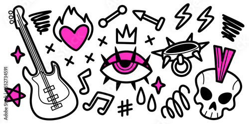 Edgy punk rock doodle set with skull and guitar, lightning and spiky eye, crown and flames. Bold hand drawn pink and black icons for alternative music culture, grunge fashion, underground art.