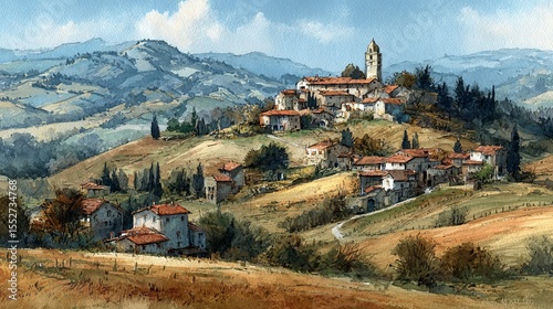 Watercolor landscape of Marche hills with sustainable hamlet in social sphere, showcasing green environment, rural community, and peaceful natural scenery with rolling hills and trees.