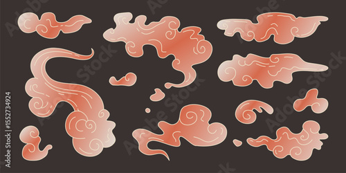Red Japan cloud collection with traditional Asia swirl patterns - decorative smoke shapes with curved spirals and flowing forms for oriental design. Stylized vapor elements of classic eastern motifs