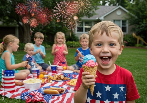 Children celebrating july 4th with picnic, ice cream, and fireworks