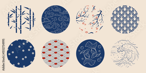 Japanese tradition circle patterns - cherry blossoms, ocean waves, koi fish, bamboo and clouds designs. Asian decorative elements with sakura branches, blue geometric shapes and nature motifs.