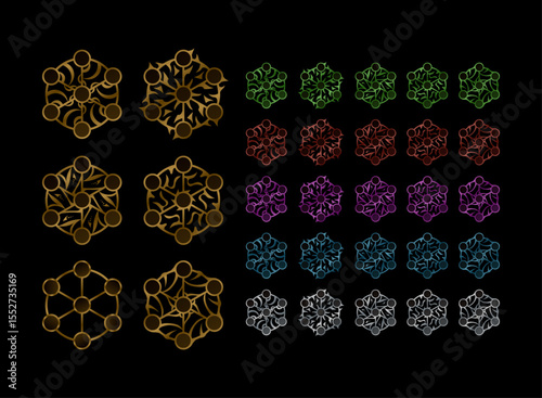 set of magic circle fantasy golden medieval arcane amulet badge symbol and in various color