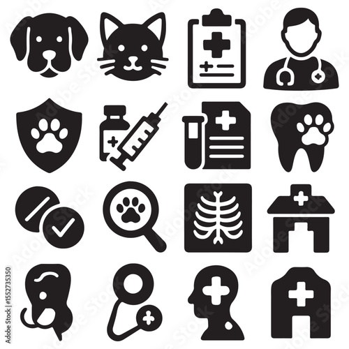 Veterinary line art icon set. Contains such icons as pets, medical history, health care, vet, vaccines, test, 
dental care, antiparasitic, diagnosis, x ray, veterinary clinic 