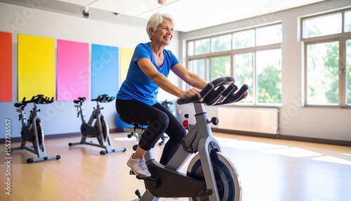 A cheerful elderly woman riding an exercise bike in a sunny therapy room,