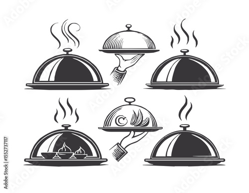 Set of Six Steaming Food Tray Vector Icons – Black and White Serving Dish Clipart for Restaurant and Catering Use