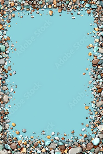 A vibrant border of colorful smooth pebbles and stones frames a serene light blue background