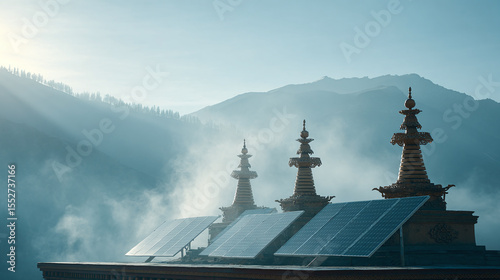 Solar panels powering Buddhist monastery with traditional stupas surrounded by misty mountains and soft sunlight creating serene and peaceful atmosphere