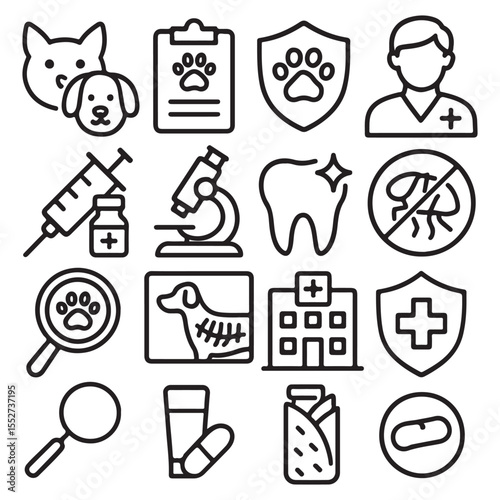 Veterinary line art icon set. Contains such icons as pets, medical history, health care, vet, vaccines, test, 
dental care, antiparasitic, diagnosis, x ray, veterinary clinic 