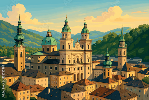 Afternoon Salzburg panorama with baroque towers and green hills