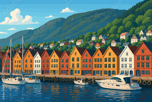 Bergen harbor panorama with colorful wooden houses and fjord backdrop